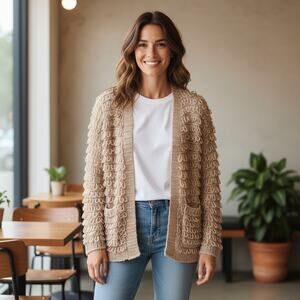 The Great. The Short Monster Loop Knit Cardigan Sweater Open Front TanAIAI
